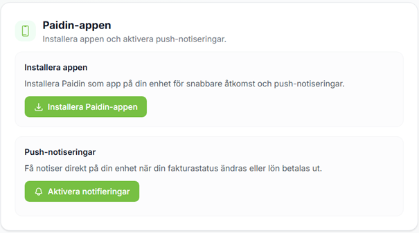 Settings in Paidin: button to install the app and button to enable notifications
