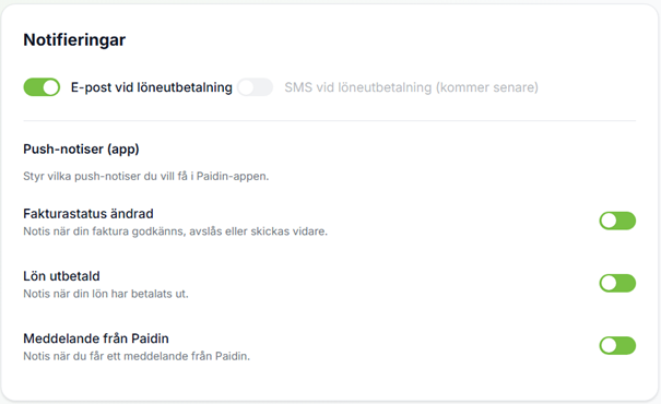 Notification settings in Paidin with toggles for invoice status, salary paid out and message from Paidin